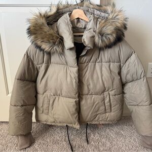 SHEIN Beige Outerwear with Faux Fur Trim